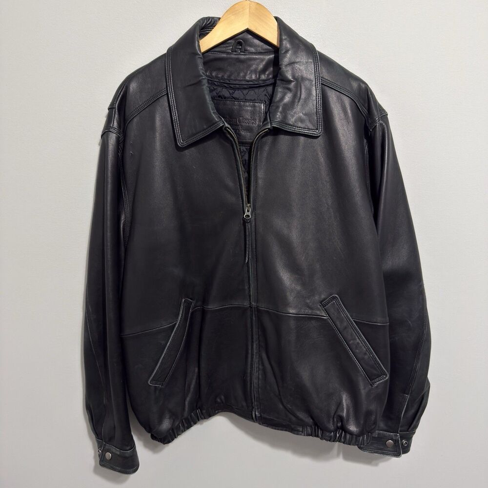 American Classics Mens Black Leather Full-Zip Jacket Size Large